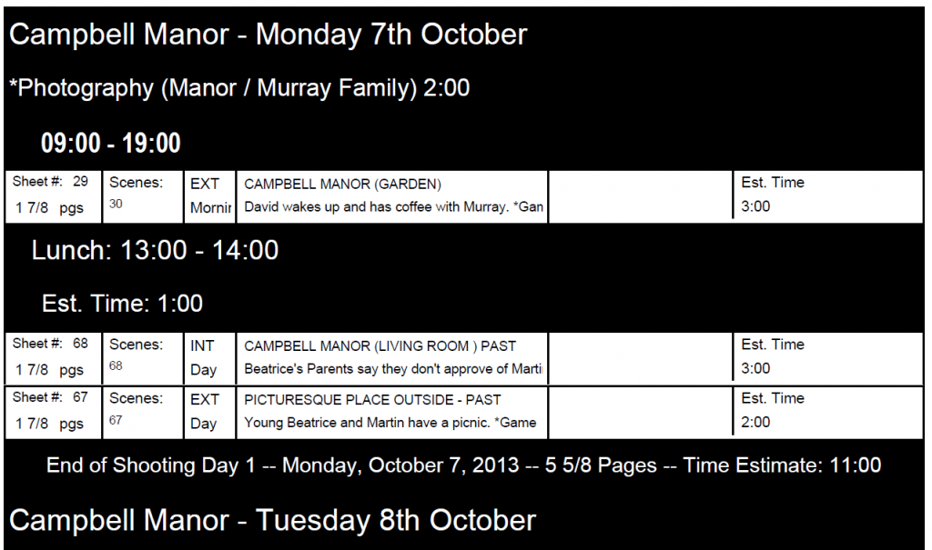 Shooting schedule